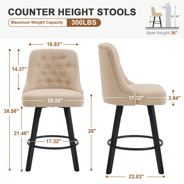 Two counter height stools in beige fabric, showcasing dimensions and max weight capacity of 300 lbs, with stylish black legs.