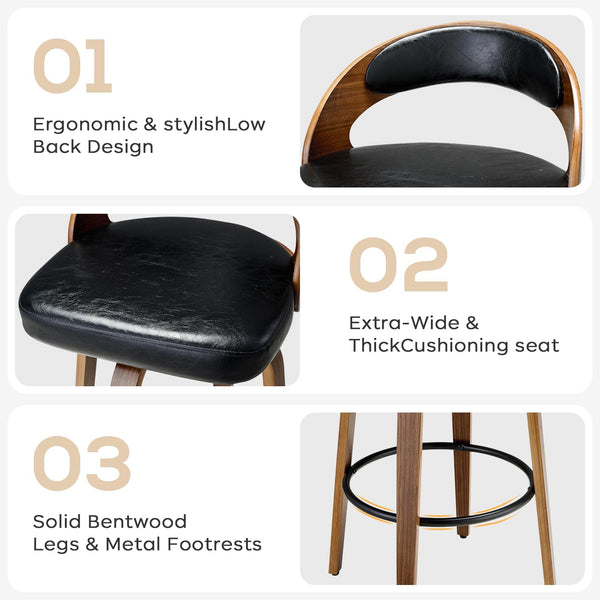 Viroformo swivel bar stool features ergonomic low back design, thick cushioning seat, and solid bentwood legs.