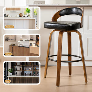 Viroformo swivel bar stool in black faux leather with wood legs, suitable for kitchen, café, or bar settings.