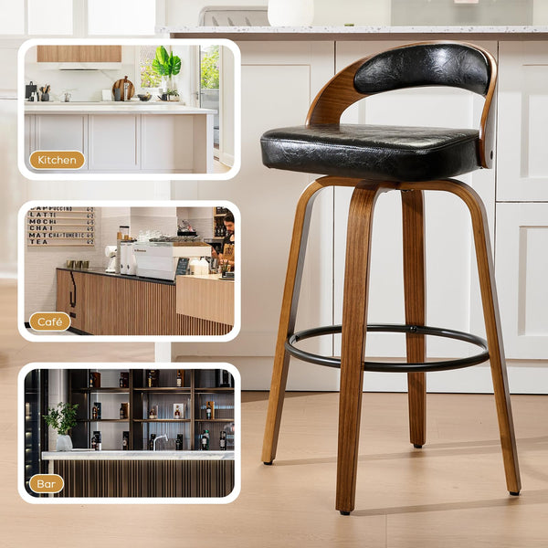 Viroformo swivel bar stool in black faux leather with wood legs, suitable for kitchen, café, or bar settings.