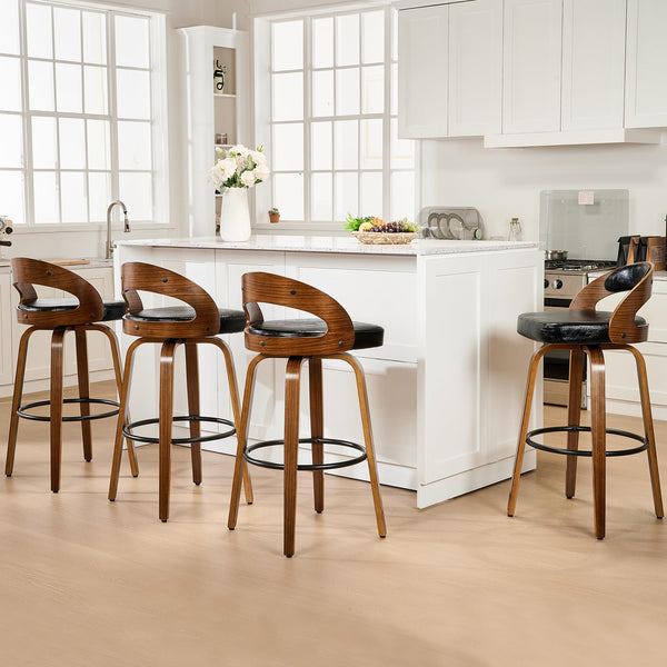 Viroformo swivel bar stool set of 4 in kitchen, featuring black faux leather and solid wood legs, modern design.