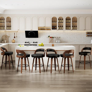 Stylish mid-century modern faux leather swivel bar stools with wood legs in a chic kitchen setting.