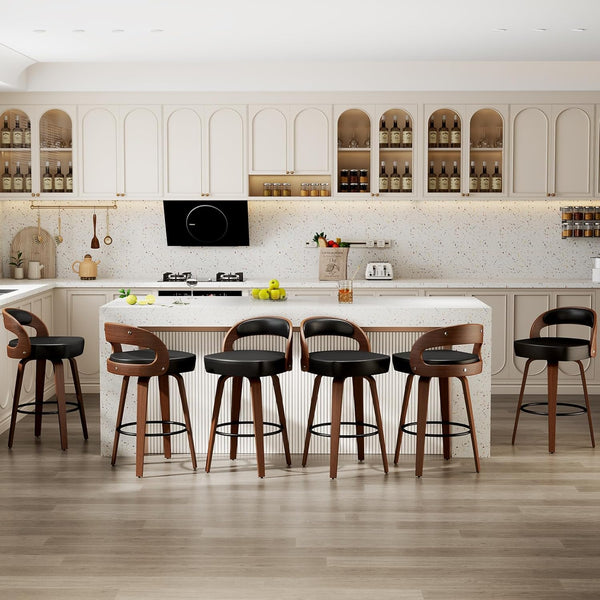 Stylish mid-century modern faux leather swivel bar stools with wood legs in a chic kitchen setting.