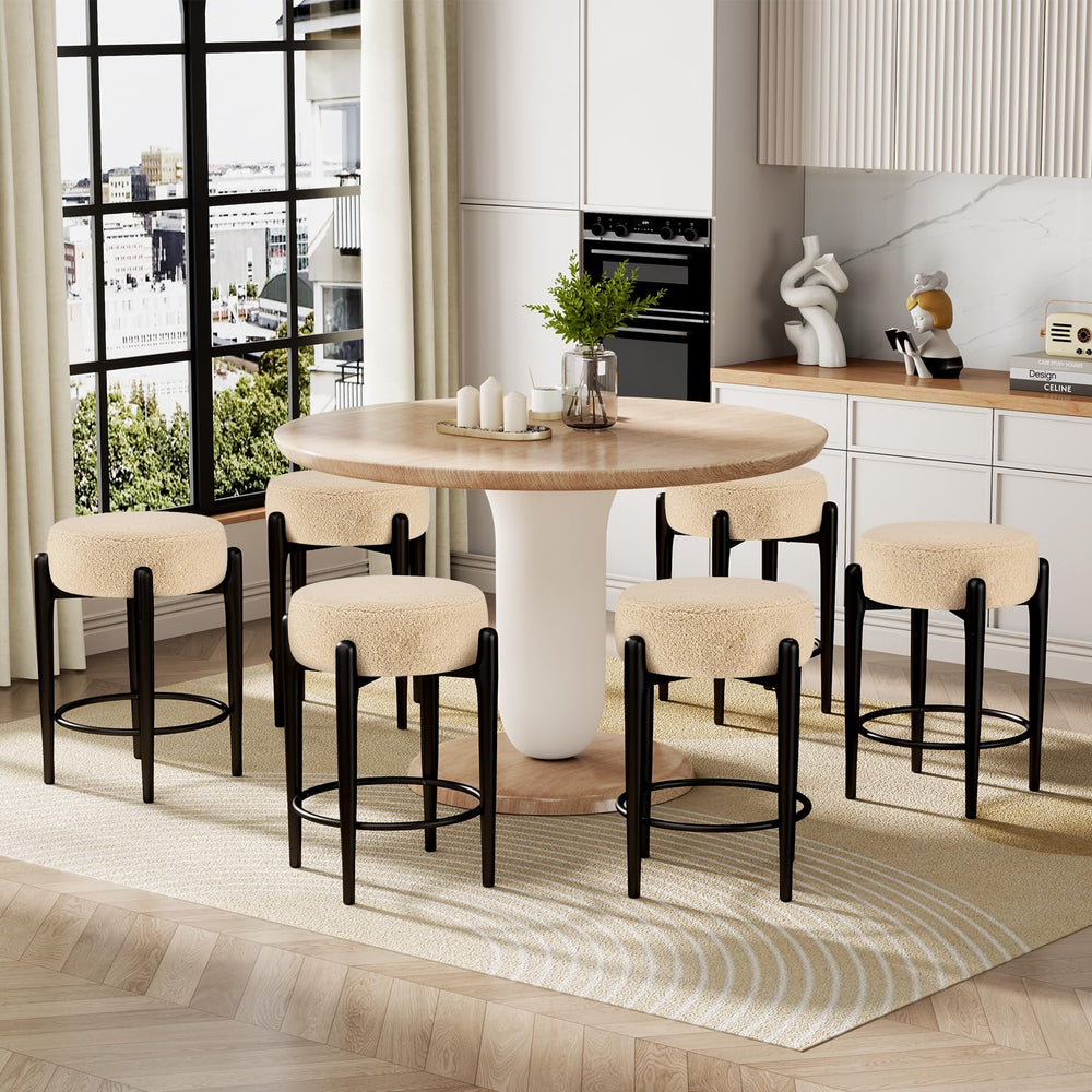 Mid Century Modern counter height bar stools set in soft boucle, perfect for kitchen and dining spaces with stylish black frame.