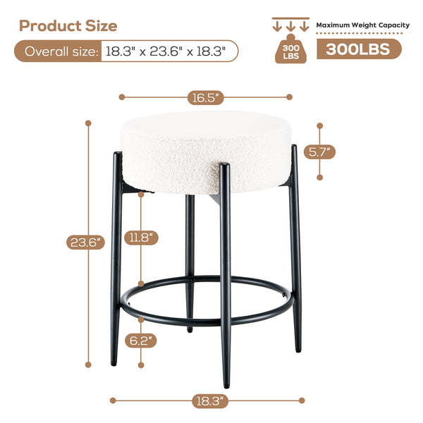 Mid Century Modern counter height bar stool dimensions, featuring a plush boucle seat and sturdy black frame.