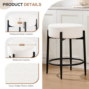 Mid Century Modern counter height bar stool details, featuring thickened cushion and cozy teddy fleece fabric.