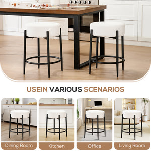 A modern black and white stool displayed in various interior settings: dining room, kitchen, office, and living room.