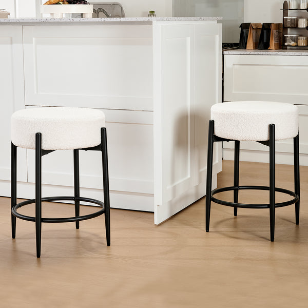 Mid Century Modern counter height bar stools set in soft boucle, perfect for kitchen and dining spaces with stylish black frame.