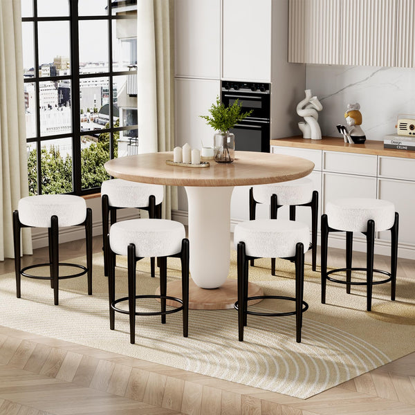 Modern dining area featuring a round wooden table surrounded by six white and black upholstered bar stools, with a large window view.
