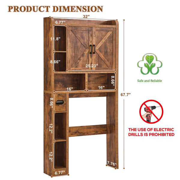Dimensions of a wooden shelving unit labeled with measurements and safety instructions, showcasing various compartments and a rustic design.