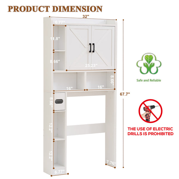 Product dimension chart for a white cabinet with shelving, featuring measurements and safety notes regarding assembly tools.