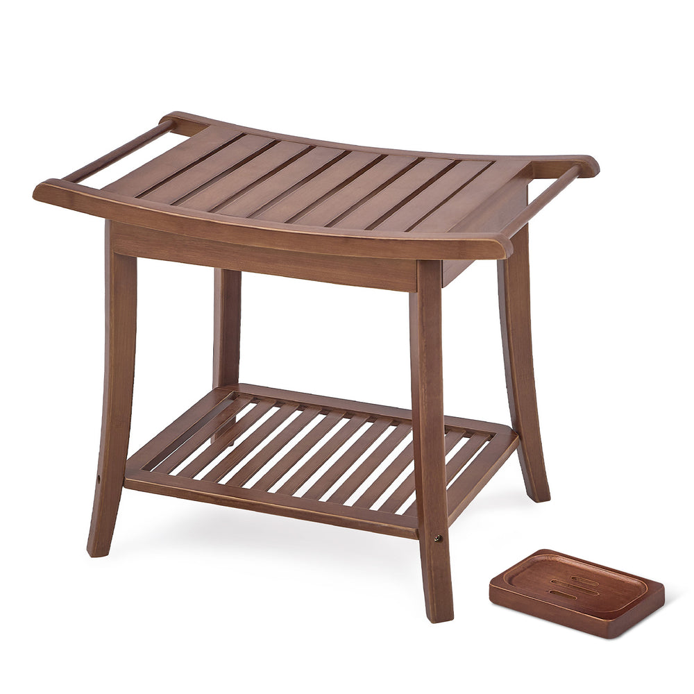 Brown wooden shower stool with a slatted top and lower shelf, accompanied by a matching slatted soap dish.