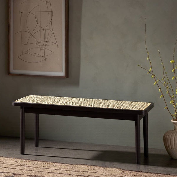 Modern Solid Oak Wood Dining Bench with Rattan Detail