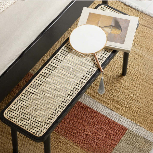Modern Solid Oak Wood Dining Bench with Rattan Detail