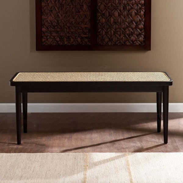 Modern Solid Oak Wood Dining Bench with Rattan Detail