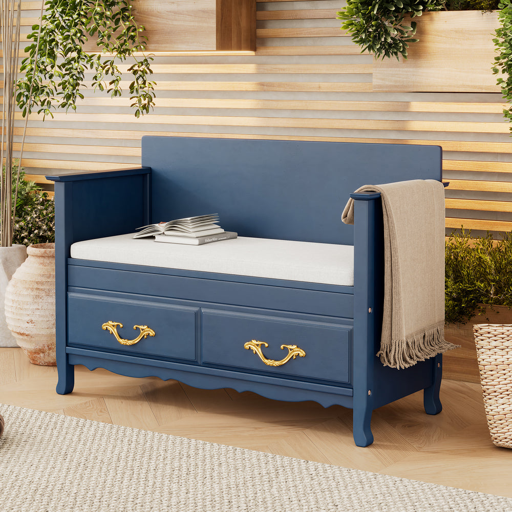 Antique Navy Shoe Bench with Removable Cushion - Entryway Bench with Back and Hidden Storage for Entrance or Living Room