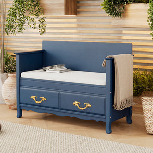 Antique Navy Shoe Bench with Removable Cushion - Entryway Bench with Back and Hidden Storage for Entrance or Living Room