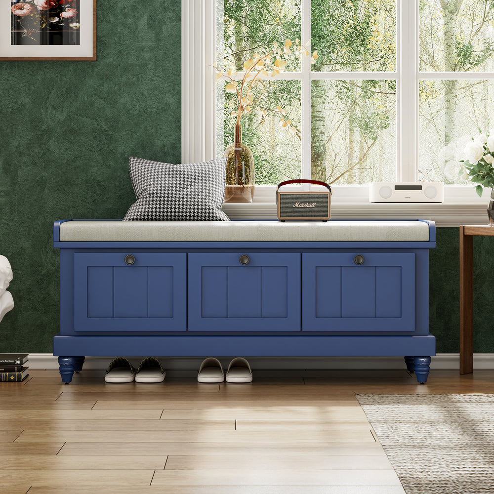 Navy Blue Classic Shoe Bench with Cushion and 3 Drawers - Fluted Entryway Storage Bench for Living Room, Entryway, or Hallway