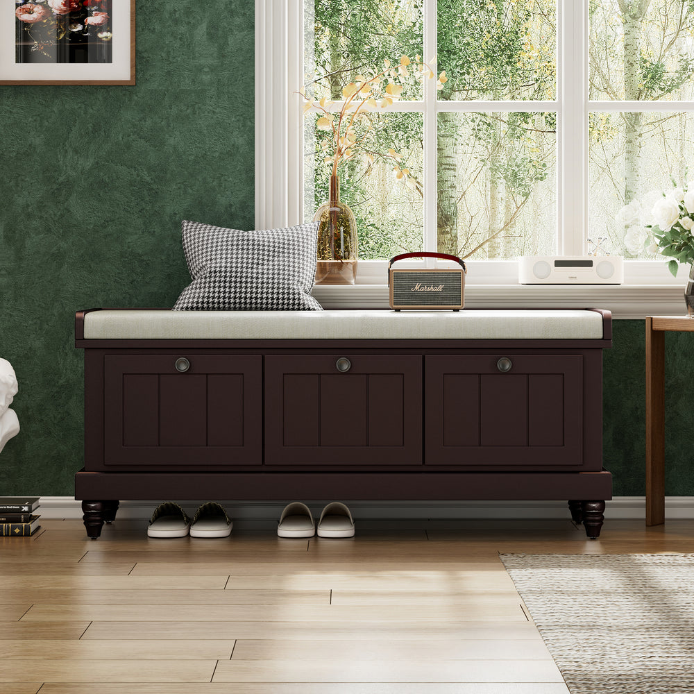 Classic Espresso Shoe Bench with Cushion and 3 Drawers - Fluted Entryway Storage Bench for Living Room, Entryway, or Hallway