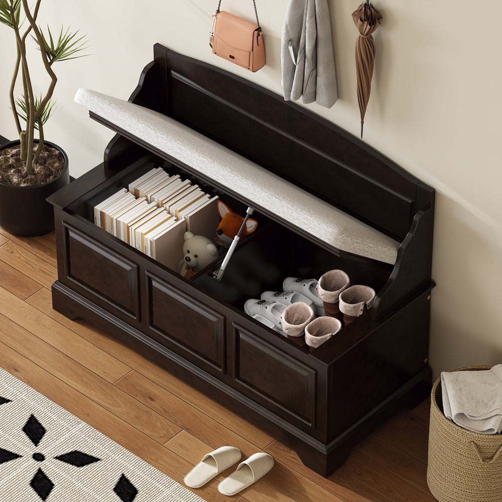 Espresso Retro Shoe Storage Bench with Cushion - Safe Soft-Close Storage Chest with Hidden Compartment for Entryway, Hallway, or Living Room