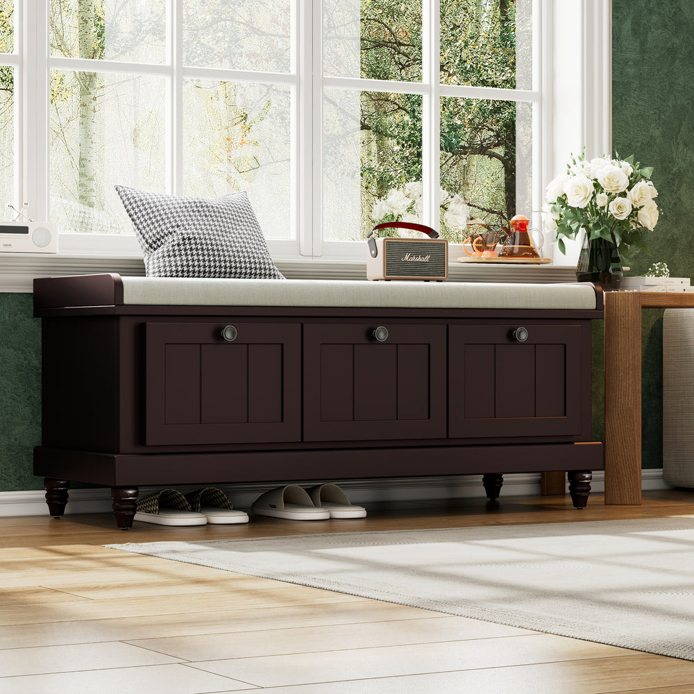 Classic Espresso Shoe Bench with Cushion and 3 Drawers - Fluted Entryway Storage Bench for Living Room, Entryway, or Hallway