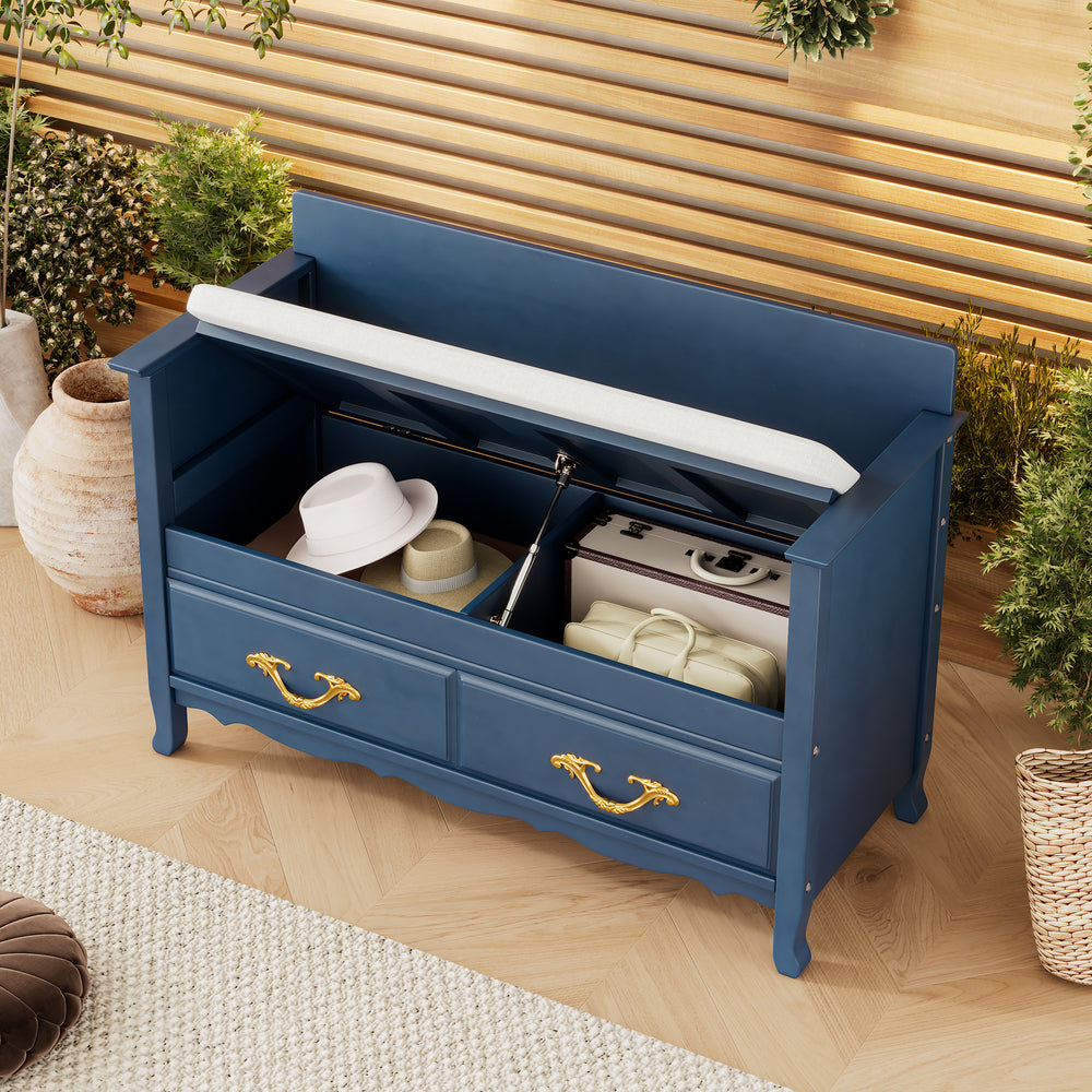 Antique Navy Shoe Bench with Removable Cushion - Entryway Bench with Back and Hidden Storage for Entrance or Living Room