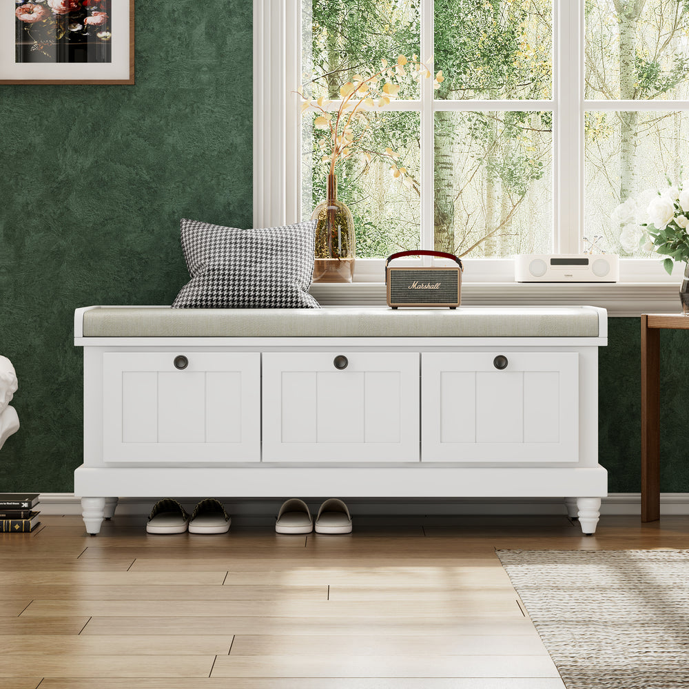 White Classic Shoe Bench with Cushion and 3 Drawers - Fluted Entryway Storage Bench for Living Room, Entryway, or Hallway
