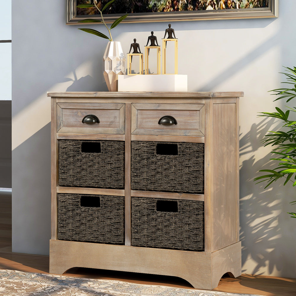 Rustic Storage Cabinet with 2 Drawers and Four Classic Rattan Basket for Dining Room/Living Room (White Washed)