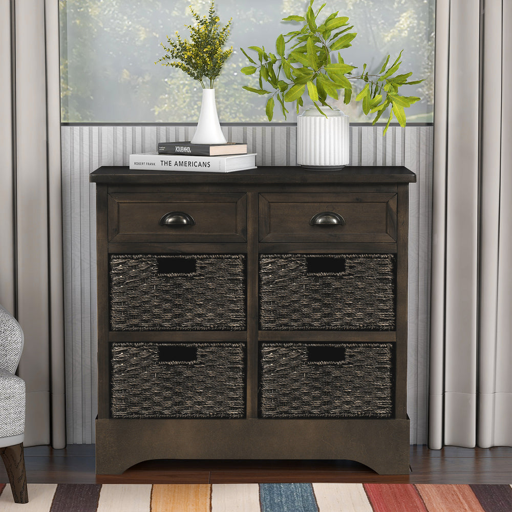 Rustic Storage Cabinet with 2 Drawers and Four  Classic Rattan Basket for Dining Room/Living Room (Brown Gray)
