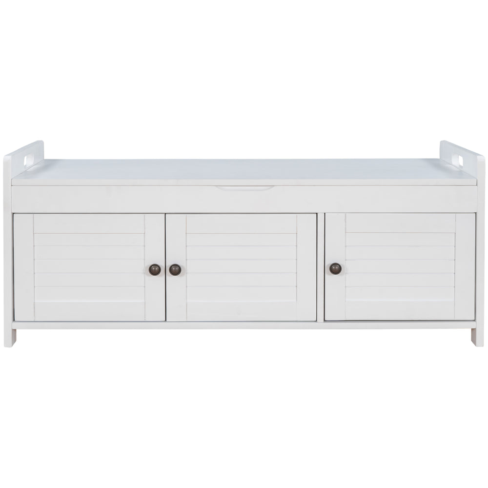 White Rustic Storage Bench with Shutter-Style Doors - Removable Cushion and Hidden Storage, 43.5"