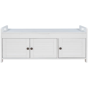 White Rustic Storage Bench with Shutter-Style Doors - Removable Cushion and Hidden Storage, 43.5"