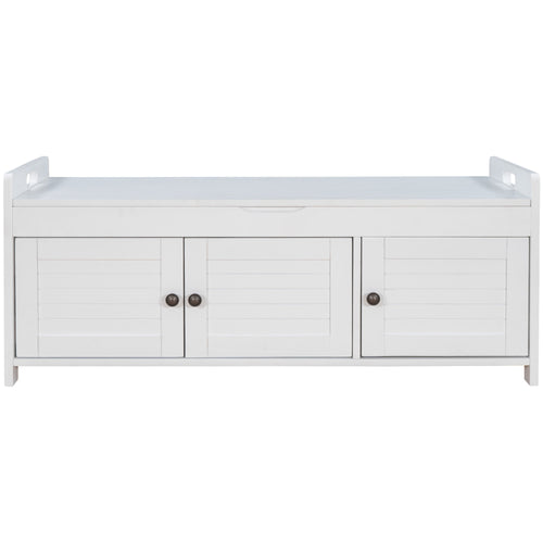 White Rustic Storage Bench with Shutter-Style Doors - Removable Cushion and Hidden Storage, 43.5"
