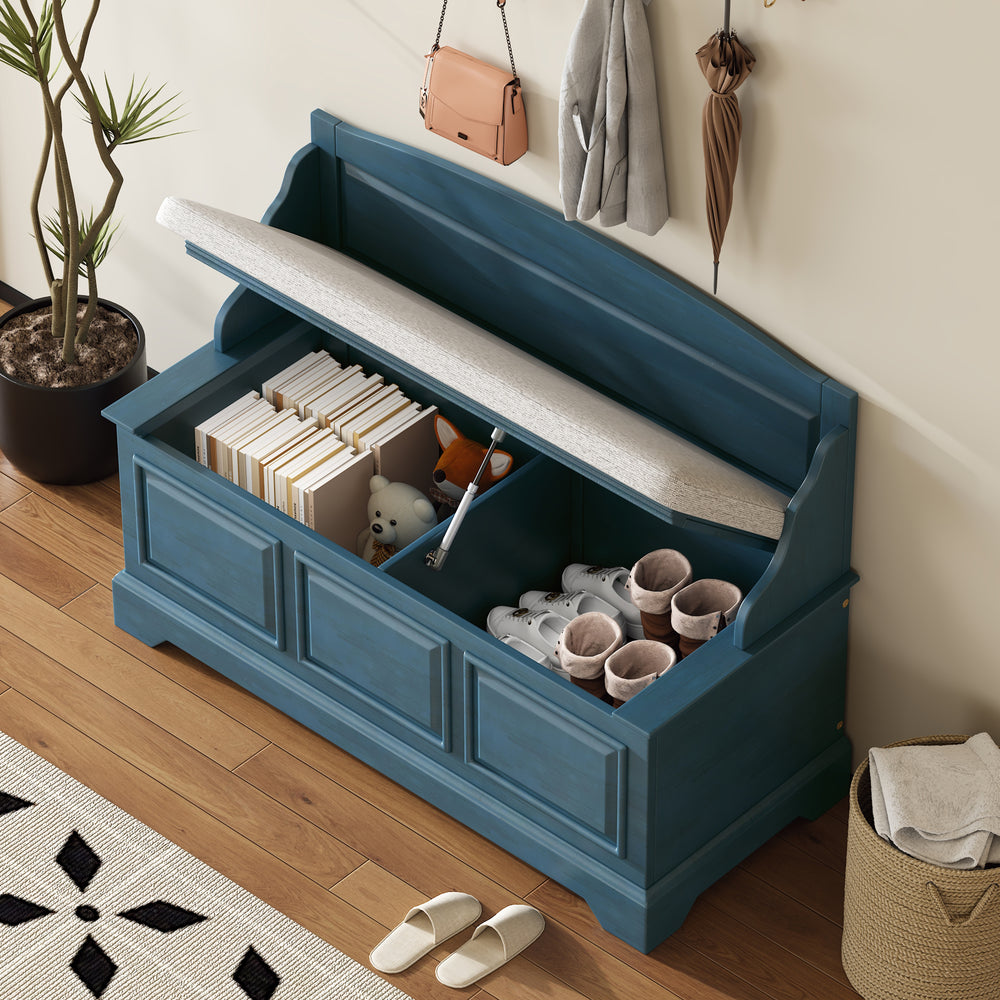 Antique Navy Retro Shoe Storage Bench with Cushion - Safe Soft-Close Storage Chest with Hidden Compartment for Entryway, Hallway, or Living Room
