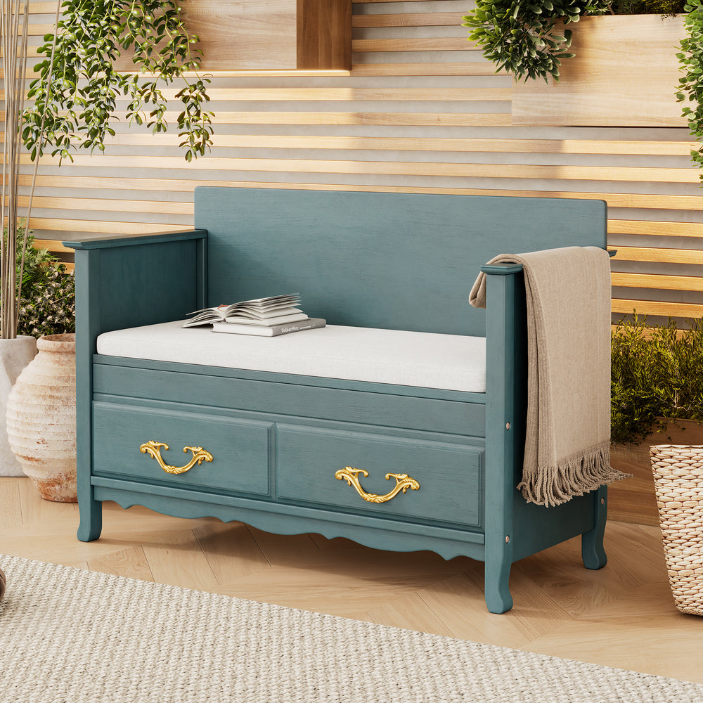 Antique Turquoise Shoe Bench with Removable Cushion - Entryway Bench with Back and Hidden Storage for Entrance or Living Room
