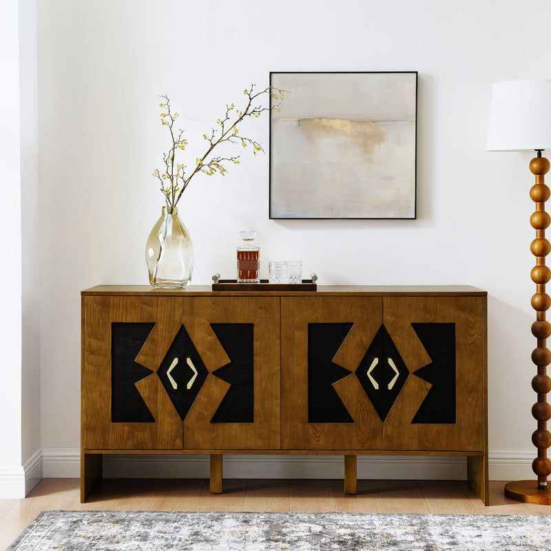 Stylish wooden sideboard with geometric black doors, a glass vase with flowers, and modern artwork above in a bright room.