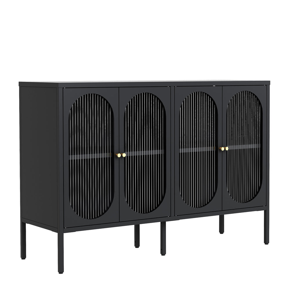 A sleek, modern black cabinet with four arched doors featuring vertical slats and gold handles, standing on slender legs.