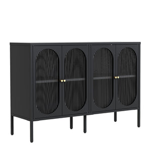 A sleek, modern black cabinet with four arched doors featuring vertical slats and gold handles, standing on slender legs.