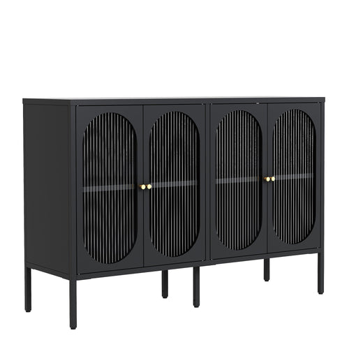 A sleek, modern black cabinet with four arched doors featuring vertical slats and gold handles, standing on slender legs.