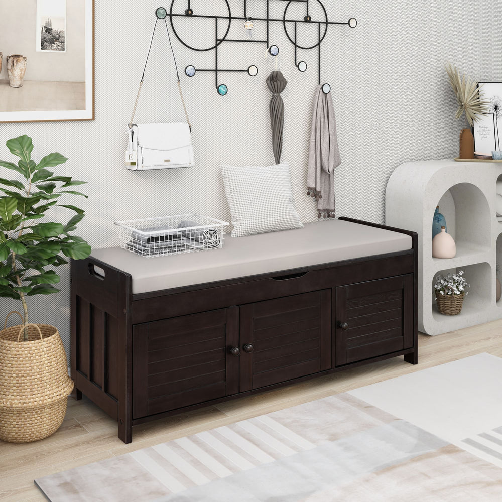 Rustic Storage Bench with Shutter-shaped Doors, Removable Cushion, Hidden Storage Space, Espresso, Pine Wood/MDF