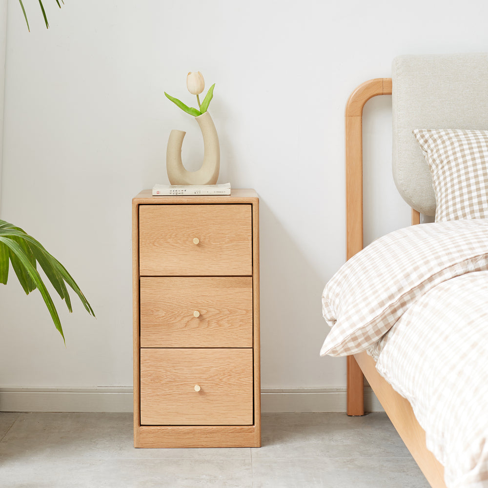 Modern Minimalist Solid Oak Bedside Table Storage Cabinet with Drawers in Oak Finish