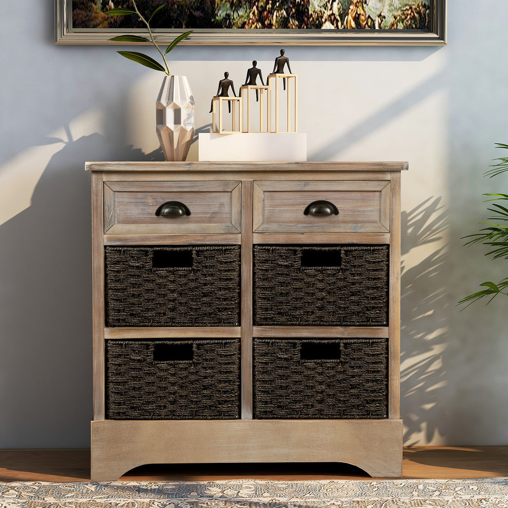 Rustic Storage Cabinet with 2 Drawers and Four Classic Rattan Basket for Dining Room/Living Room (White Washed)