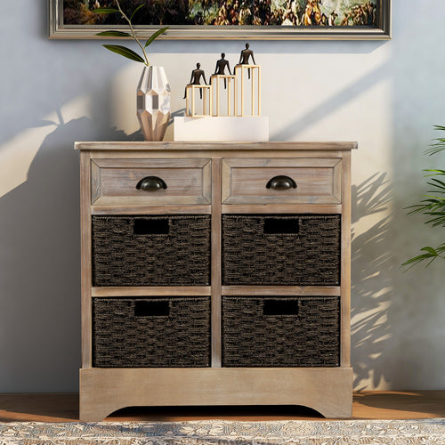 Rustic Storage Cabinet with 2 Drawers and Four Classic Rattan Basket for Dining Room/Living Room (White Washed)