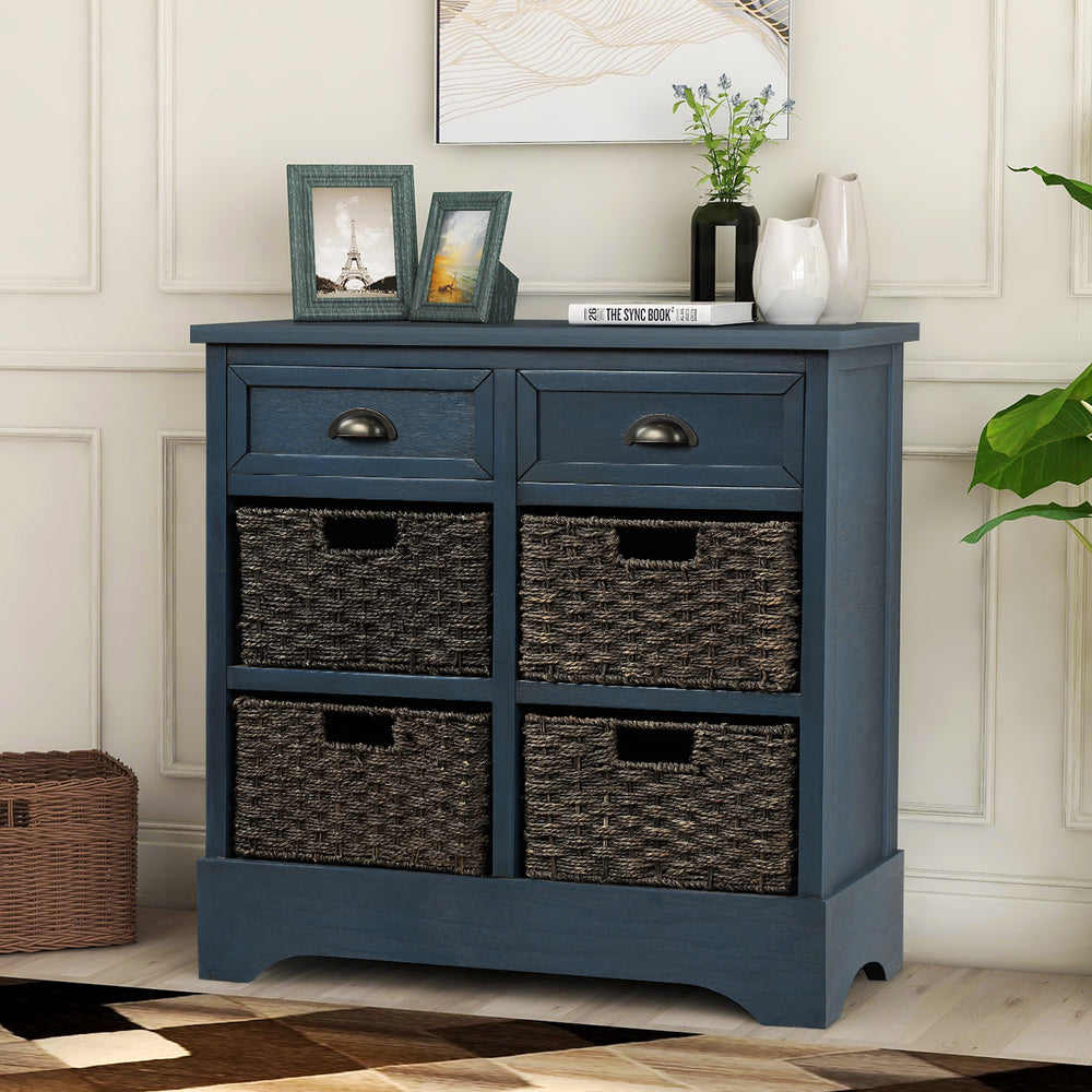 Rustic Storage Cabinet with 2 Drawers and Four  Classic Rattan Basket for Dining Room/Entryway/Living Room (Antique Navy)