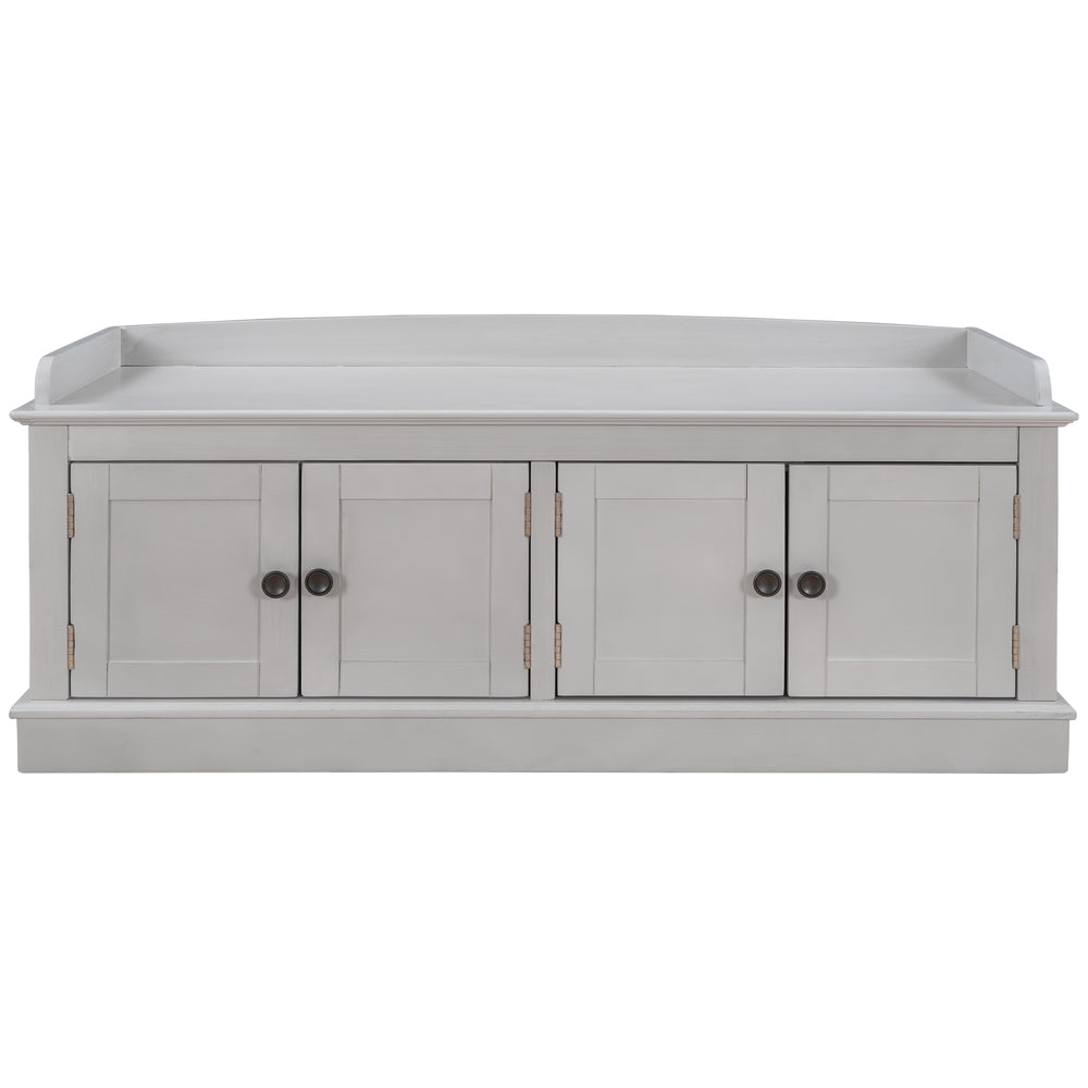 Storage Bench with 4 Doors and Adjustable Shelves, Removable Cushion, Gray Wash, MDF and Pine Wood