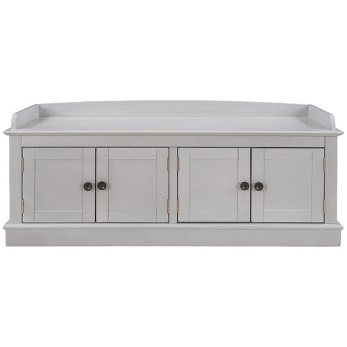 Storage Bench with 4 Doors and Adjustable Shelves, Removable Cushion, Gray Wash, MDF and Pine Wood