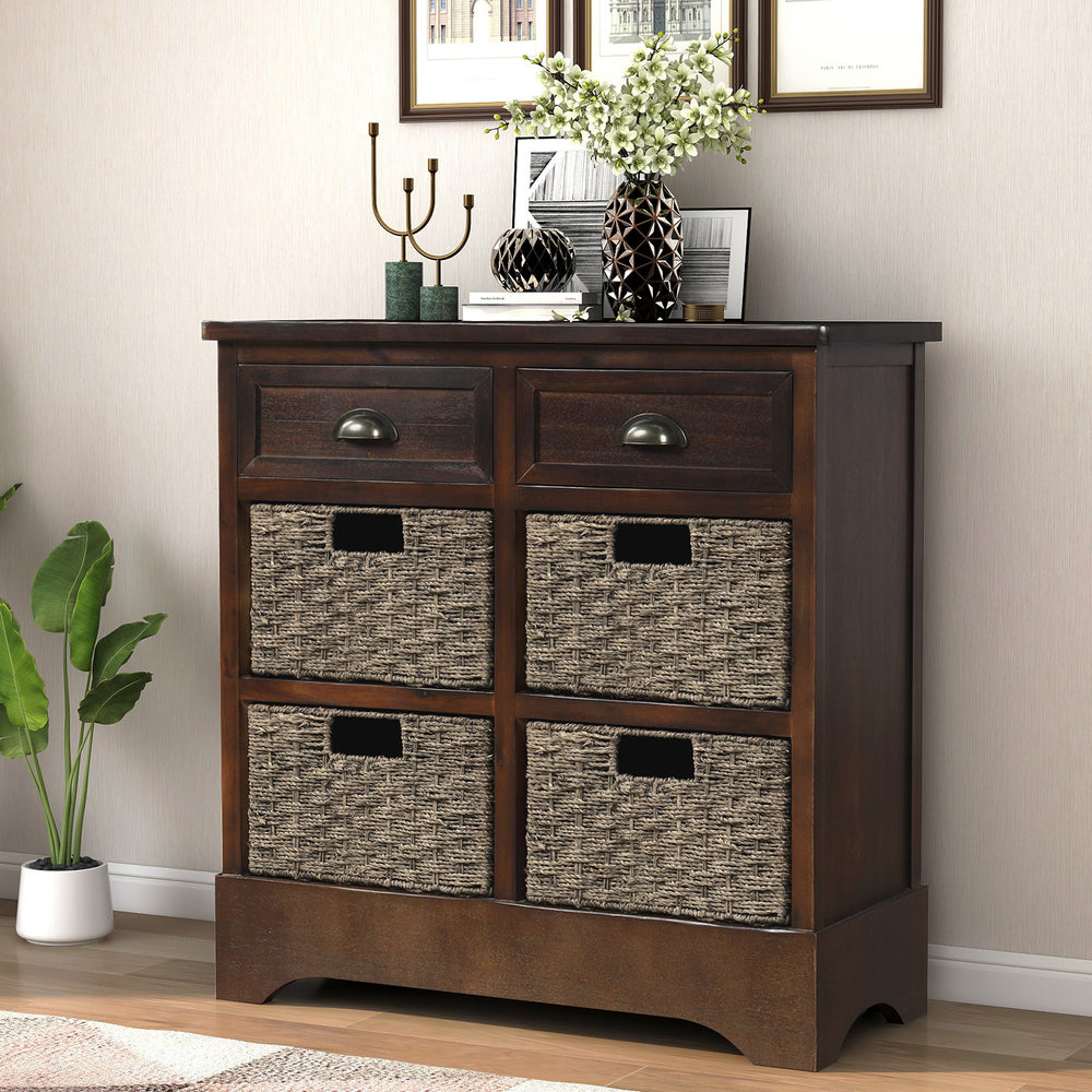 Rustic Storage Cabinet with 2 Drawers and Four Classic Rattan Basket for Dining Room/Living Room (Espresso)
