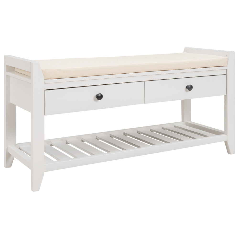 Multipurpose Entryway Shoe Rack with Cushioned Seat and Drawers, White Solid Wood Storage Bench