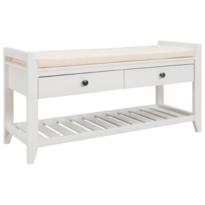 Multipurpose Entryway Shoe Rack with Cushioned Seat and Drawers, White Solid Wood Storage Bench