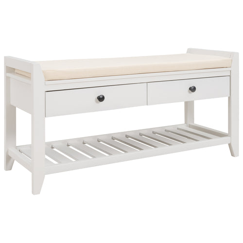 Multipurpose Entryway Shoe Rack with Cushioned Seat and Drawers, White Solid Wood Storage Bench