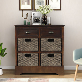 Rustic Storage Cabinet with 2 Drawers and Four Classic Rattan Basket for Dining Room/Living Room (Espresso)